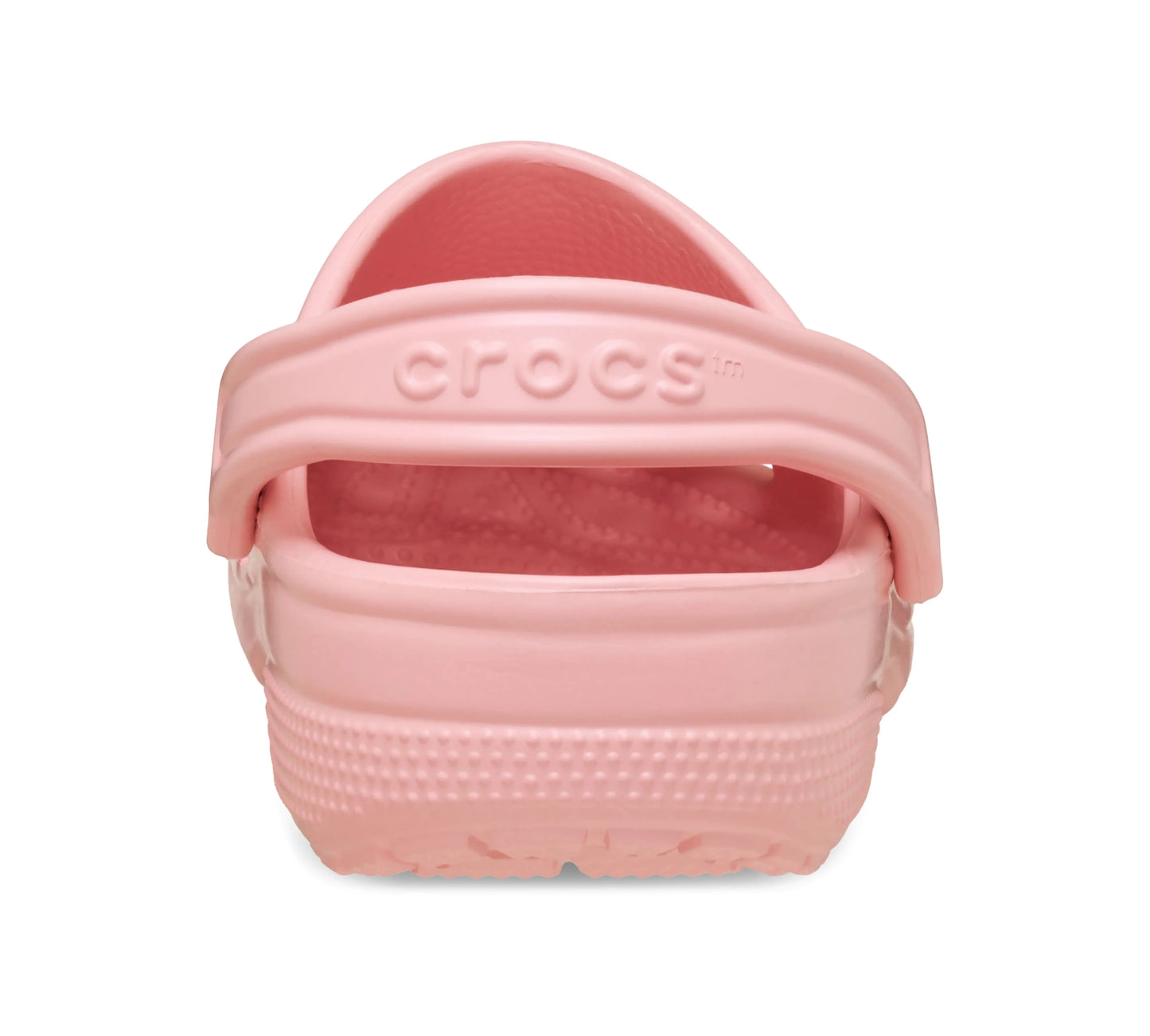 Πίσω όψη του Crocs Classic Clog Powder Pink, με έμφαση στο λουράκι φτέρνας και την ανάγλυφη υφή της σόλας.
