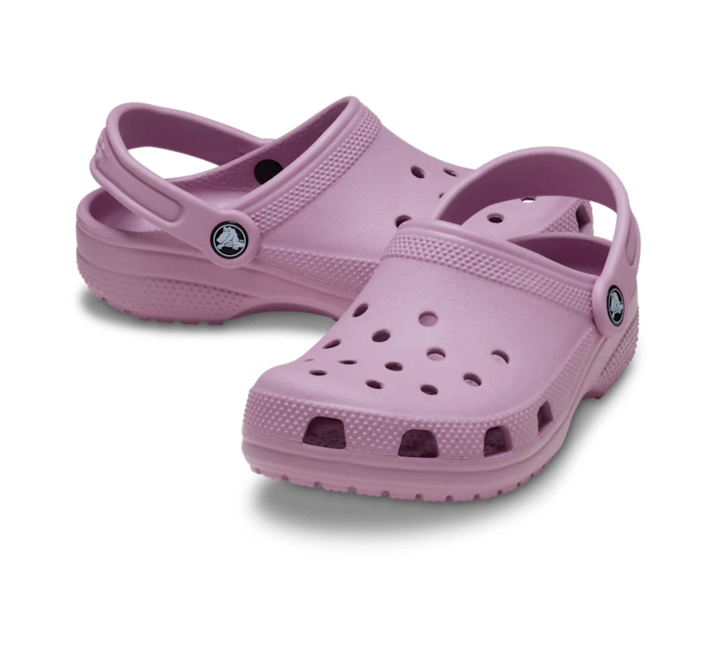 Τρισδιάστατη όψη του παιδικού Crocs Classic Clog K σε Hydrangea, που δείχνει τη φόρμα, τις τρύπες και το λουράκι από πλάγια-μπροστινή και εξωτερική πλάγια γωνία