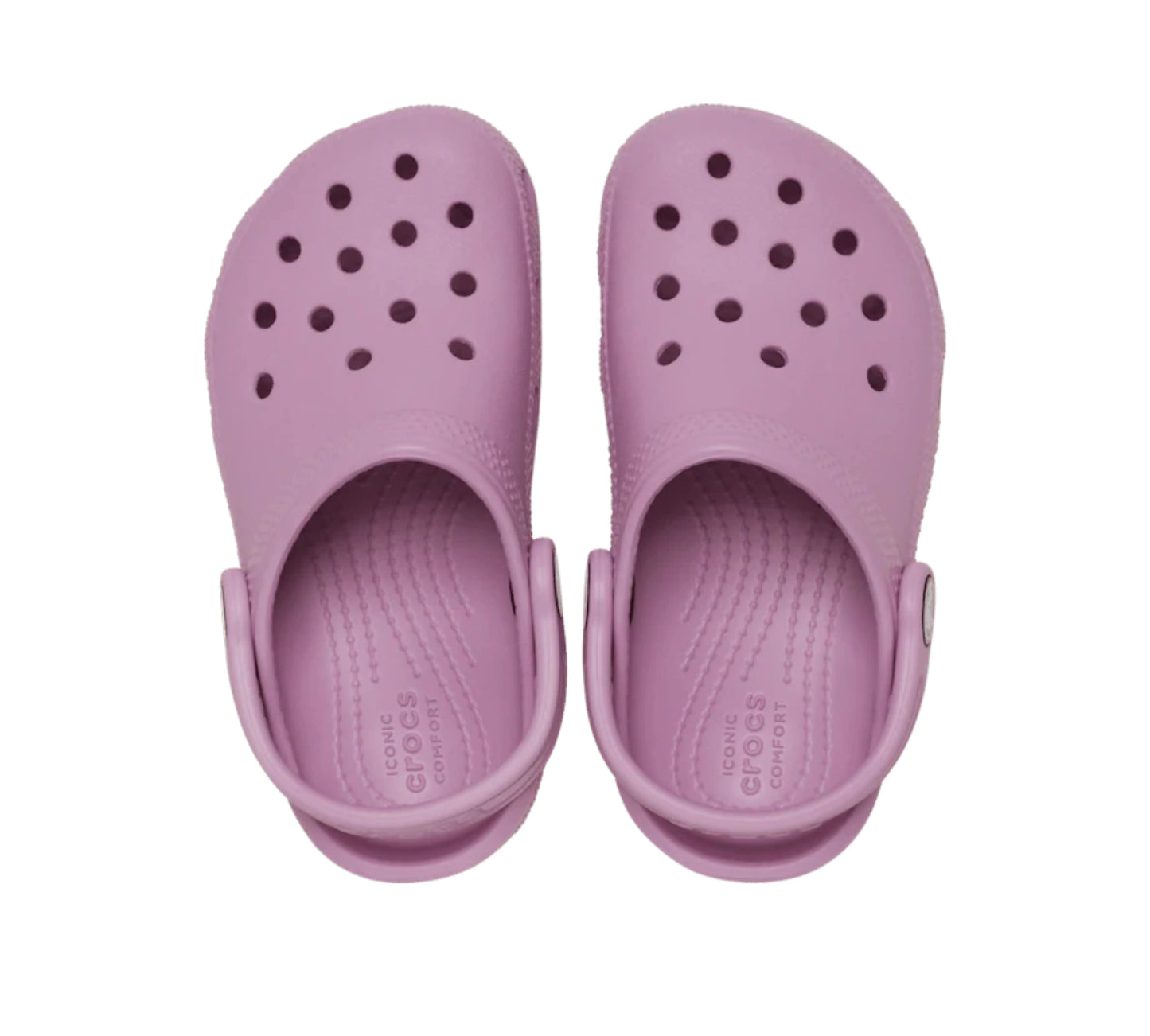 Άνω όψη του παιδικού Crocs Classic Clog K σε Hydrangea, με τις τρύπες εξαερισμού και την εργονομική εσωτερική σόλα ορατές.