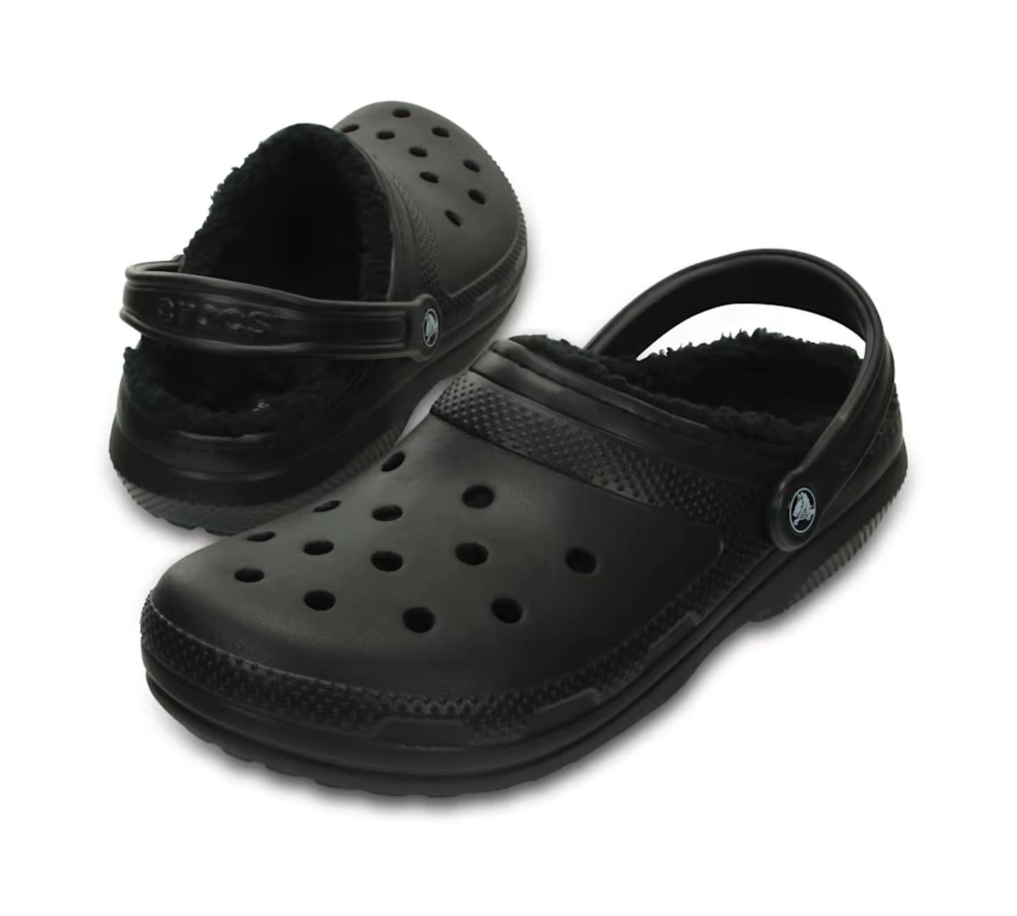 Τρισδιάστατη όψη του Crocs Classic Lined Clog σε μαύρο, με προβολή του σχήματος, των τρυπών και της επένδυσης fleece.