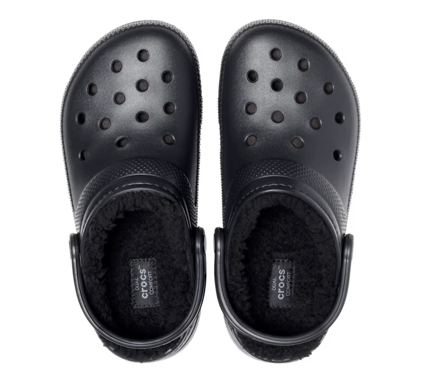 Άνω όψη του Crocs Classic Lined Clog σε μαύρο, που δείχνει την εσωτερική επένδυση και τις χαρακτηριστικές τρύπες εξαερισμού.