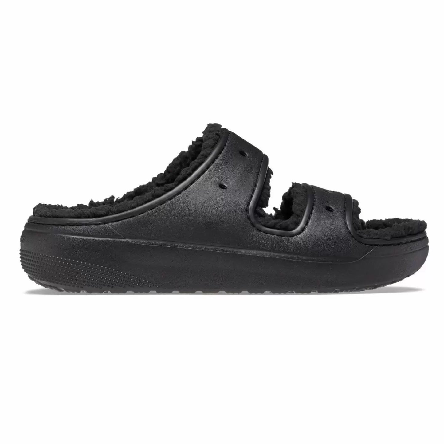 Γυναικεία ανατομικά σανδάλια Crocs Classic Cozzzy Sandal με επένδυση γούνας σε μαύρο χρώμα (κωδικός 060), πλαϊνή όψη
