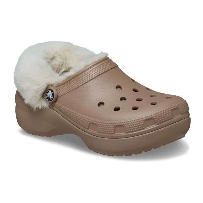Crocs Classic Platform Fuzz Lined Clog με αντιολισθητική σόλα, σε 3/4, σε μπεζ χρώμα