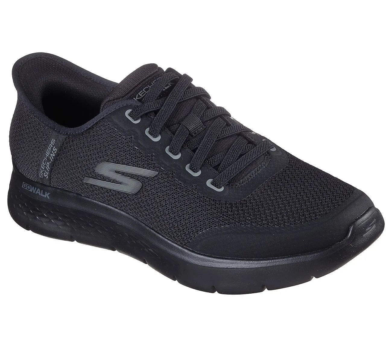 skechers go walk flex netro slip ins όψη 3/4 εξωτερική πλευρά, μαύρο χρώμα
