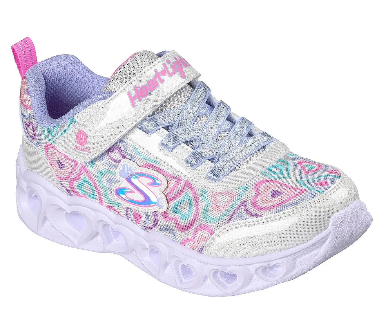 skechers s lights heart lights boogie love όψη 3/4 εξωτερική πλευρά, πολύχρωμο λευκό