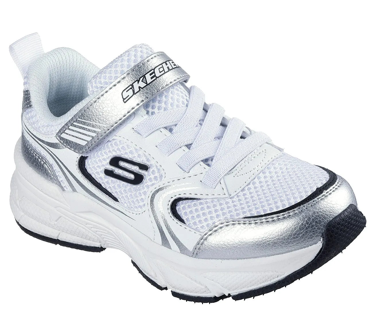 skechers retro graph όψη 3/4 εξωτερική πλευρά, λευκό/ασημί