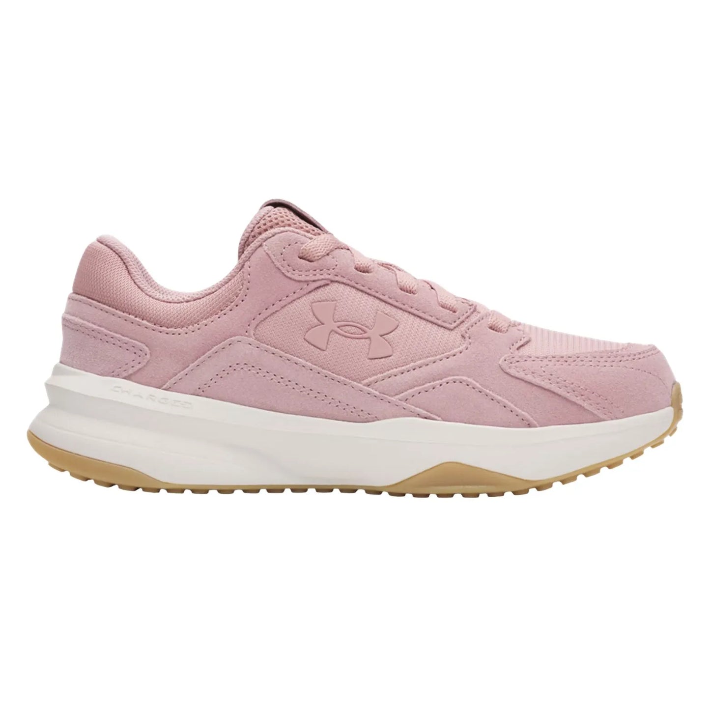 Γυναικείο δερμάτινο sneaker Under Armour UA W Edge Suede σε ροζ απόχρωση, πλευρική προβολή με σουέντ υφή, κομψό design και λογότυπο UA στο πλάι.