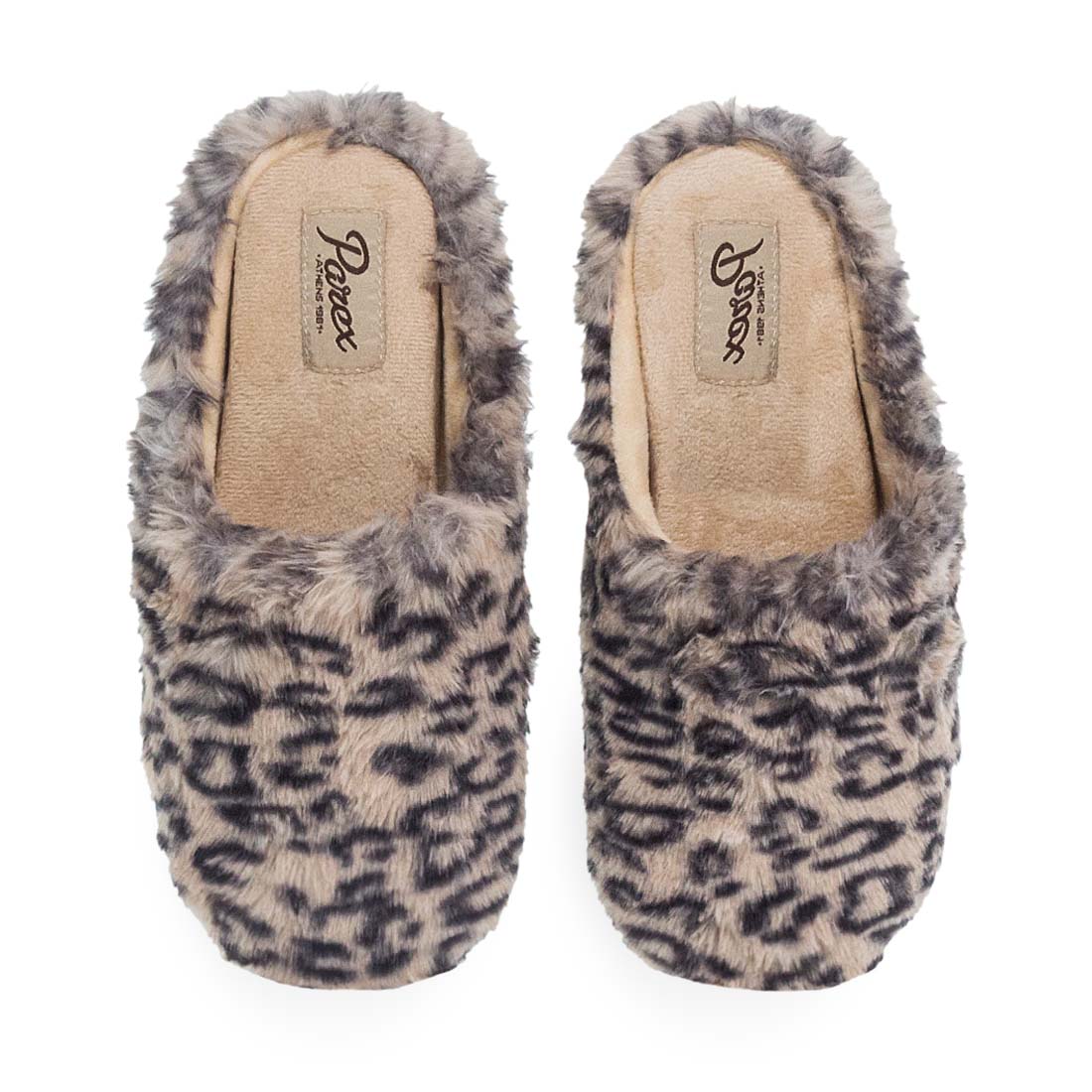 Γυναικείες παντόφλες Parex σε animal print και χρώμα πούρο, άνω όψη