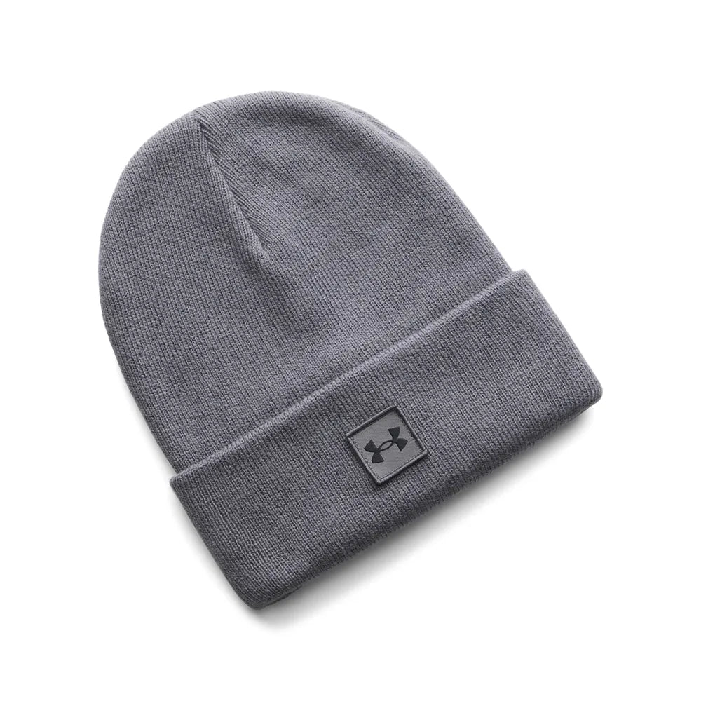 Under Armour Halftime Cuff Beanie Γκρι – Μπροστινή όψη σκούφου με λογότυπο UA και rib πλέξη