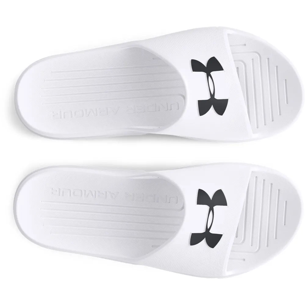 Under Armour PTH SL Slide Λευκό – Άνω όψη με minimal λευκό σχεδιασμό και ανάγλυφο πέλμα