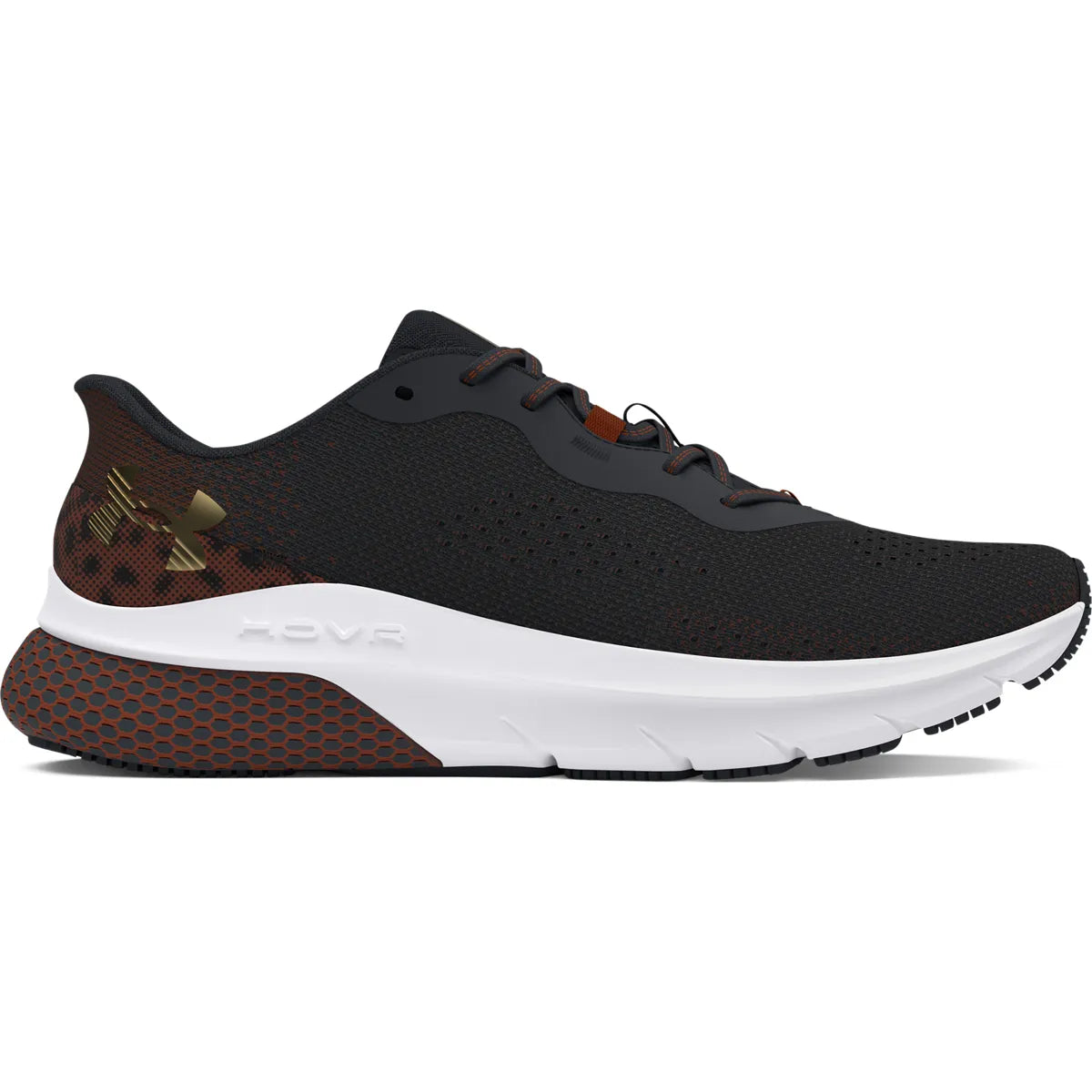 Γυναικείο αθλητικό παπούτσι Under Armour HOVR Turbulence 2.0 Print σε μαύρο με καφέ μοτίβο, πλευρική προβολή που αναδεικνύει τη μοντέρνα σιλουέτα και το λογότυπο UA.