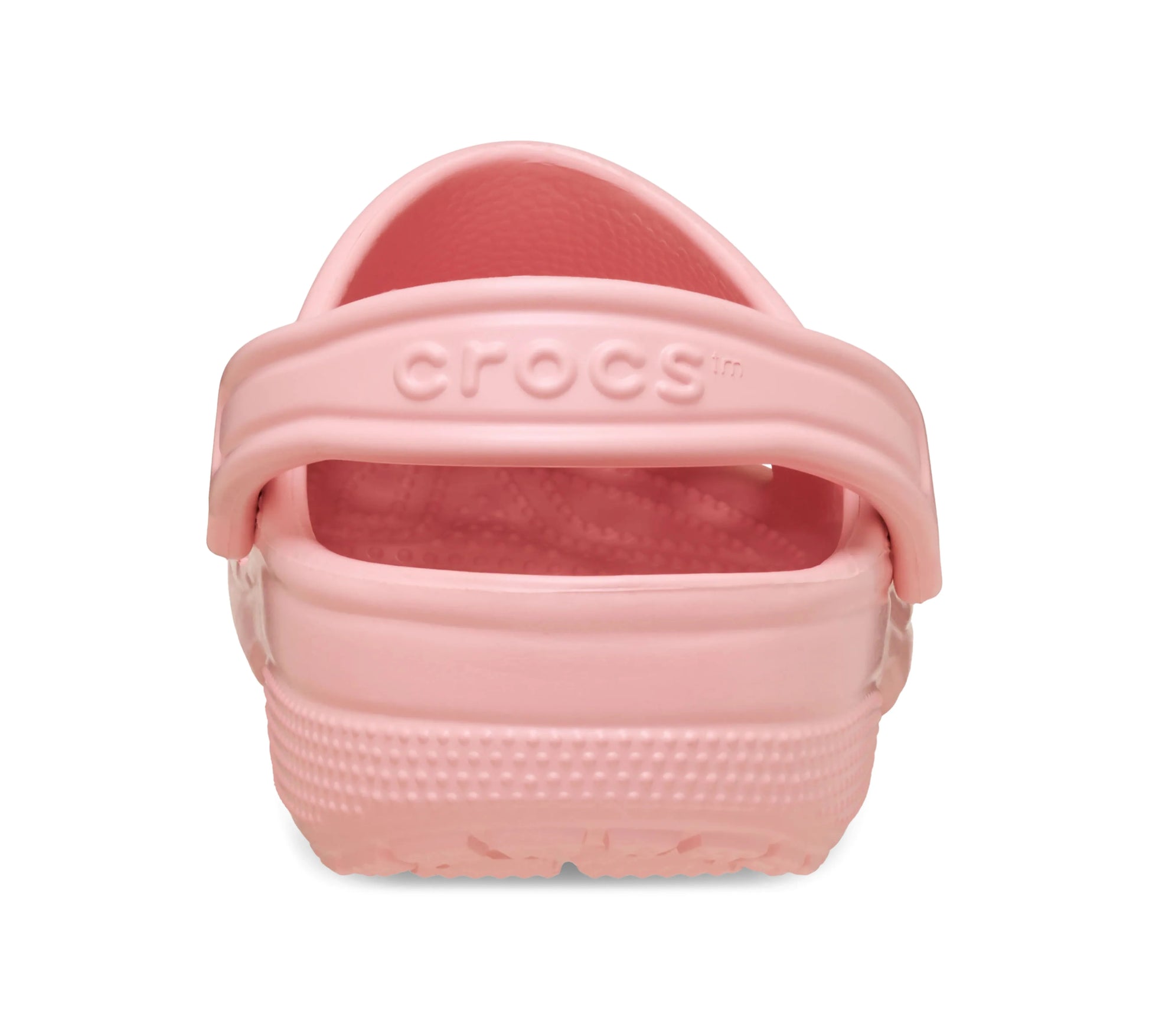 Πίσω όψη του Crocs Classic Clog Powder Pink, με έμφαση στο λουράκι φτέρνας και την ανάγλυφη υφή της σόλας.