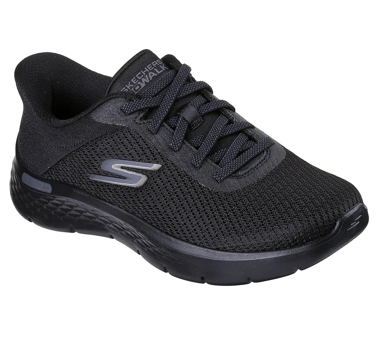 skechers go walk flex carla slip ins όψη 3/4 εξωτερική πλευρά, μαύρο χρώμα