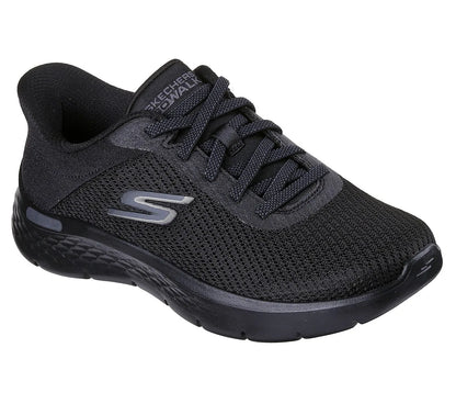 skechers go walk flex carla slip ins όψη 3/4 εξωτερική πλευρά, μαύρο χρώμα