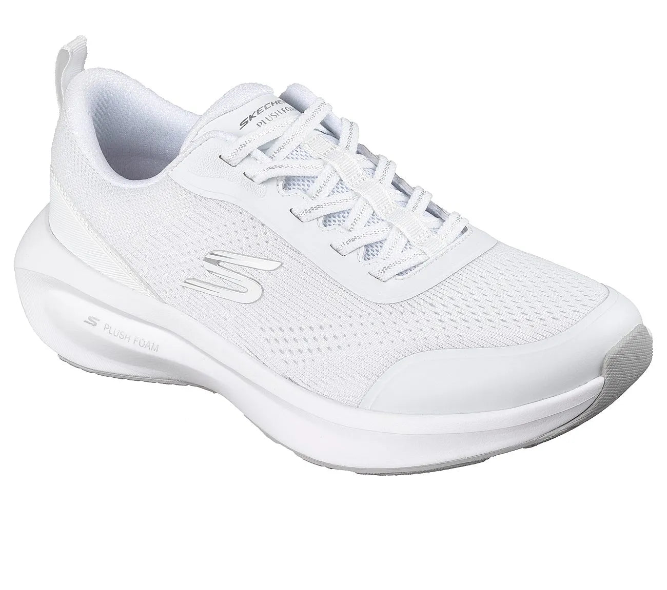 skechers plush foam όψη 3/4 εξωτερική πλευρά, λευκό χρώμα