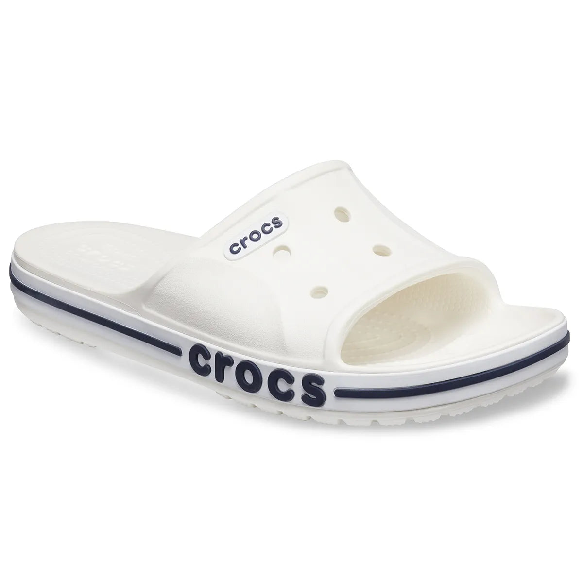 crocs bayaband slide όψη 3/4 εξωτερική πλευρά, Χρώμα White/Navy