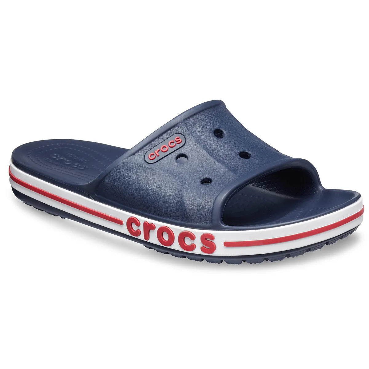 crocs bayaband slide όψη 3/4 εξωτερική πλευρά, χρώμα Navy/Pepper