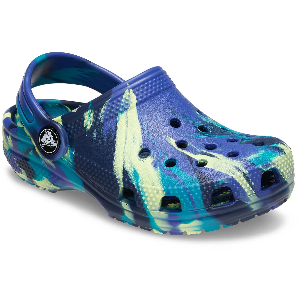 crocs classic marbled clog t όψη 3/4 εξωτερική πλευρά, μπλε χρώμα