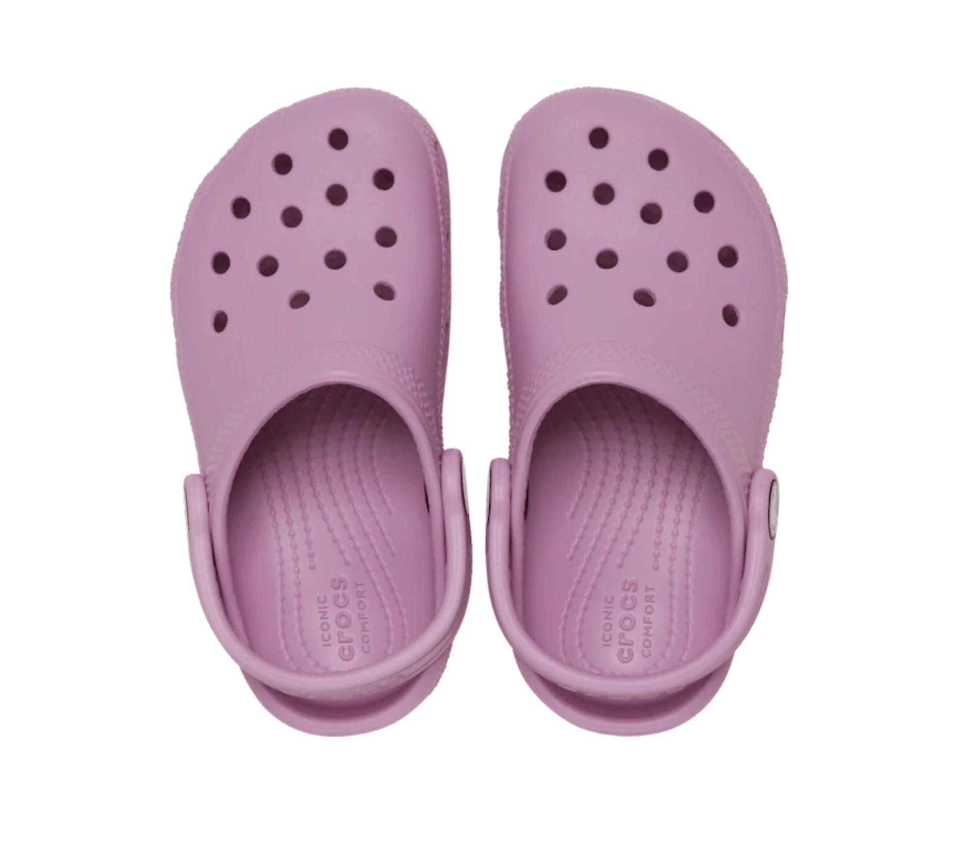 Άνω όψη του παιδικού Crocs Classic Clog σε Hydrangea, με τις τρύπες εξαερισμού και την εργονομική εσωτερική σόλα ορατές