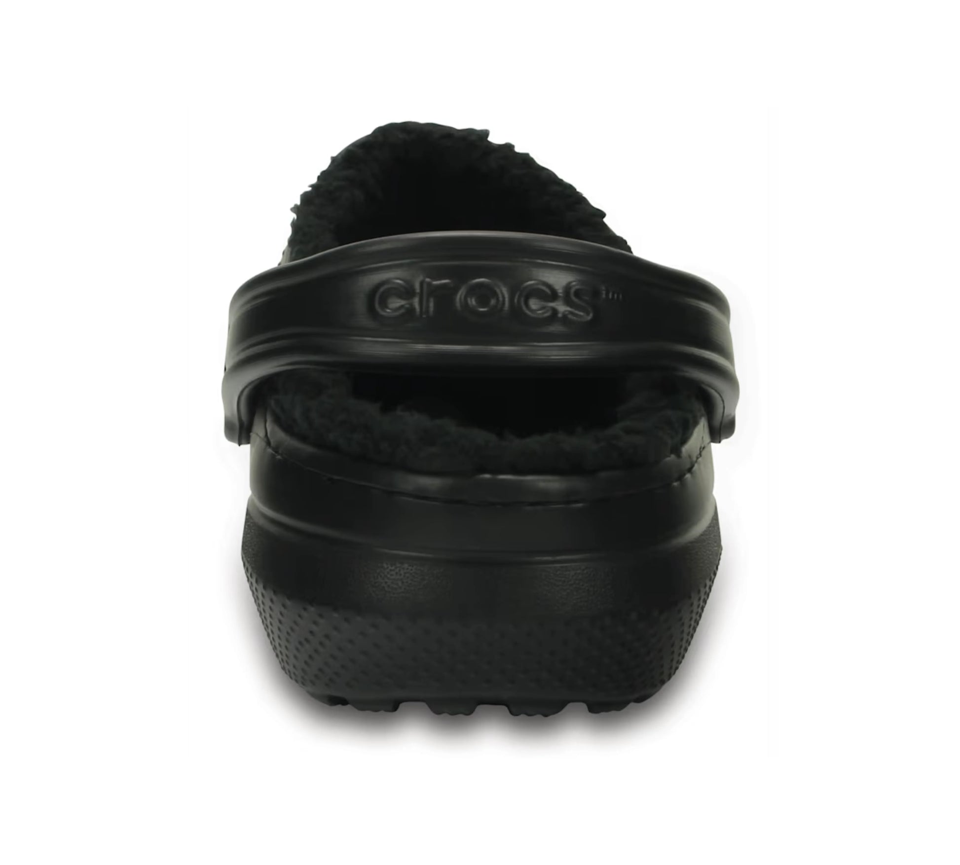 Πίσω όψη του Crocs Lined Clog Black, με ανασηκωμένο λουράκι και ορατή τη μαλακή επένδυση στη φτέρνα.