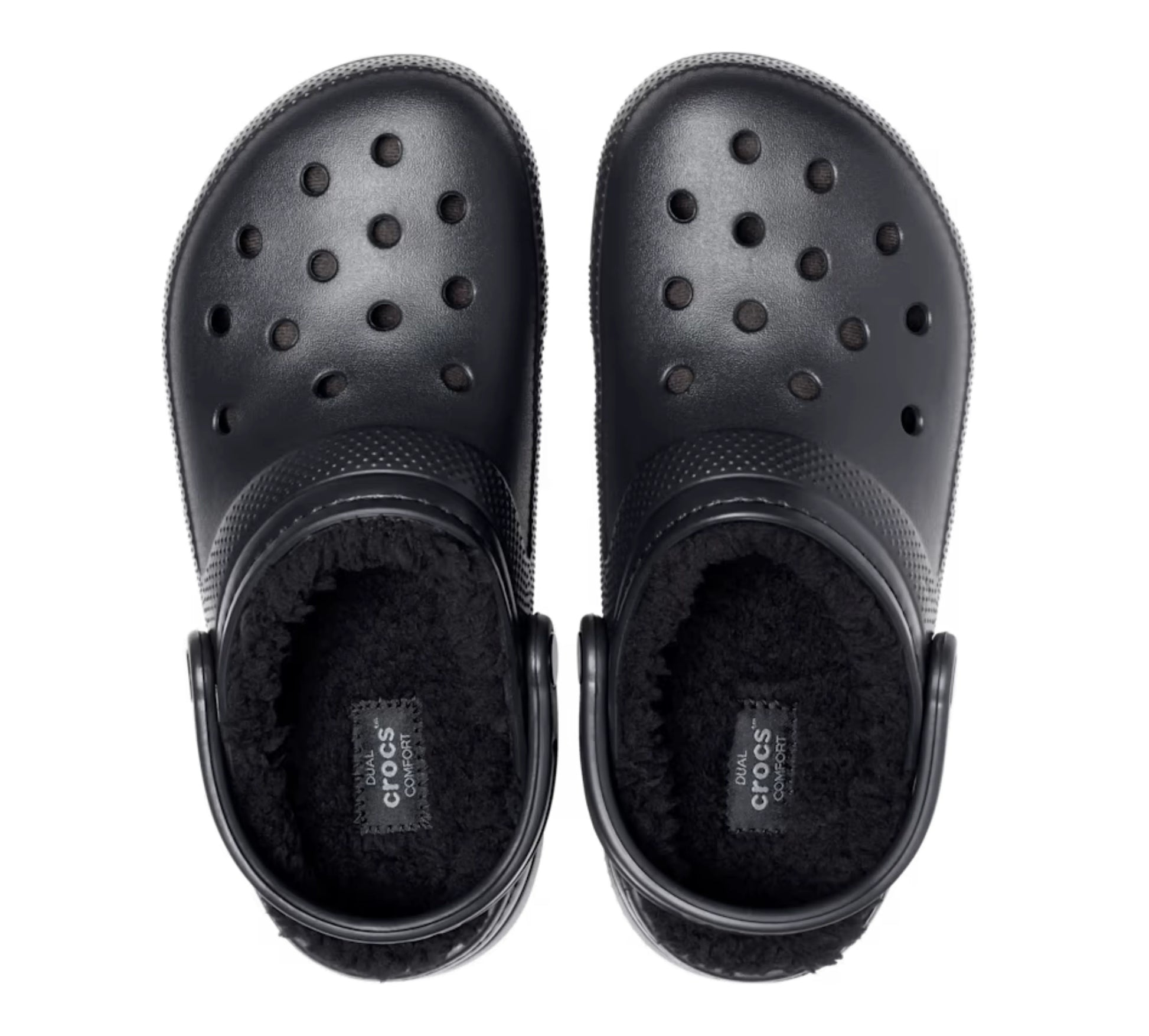 Άνω όψη του Crocs Classic Lined Clog σε μαύρο, που δείχνει την εσωτερική επένδυση και τις χαρακτηριστικές τρύπες εξαερισμού.