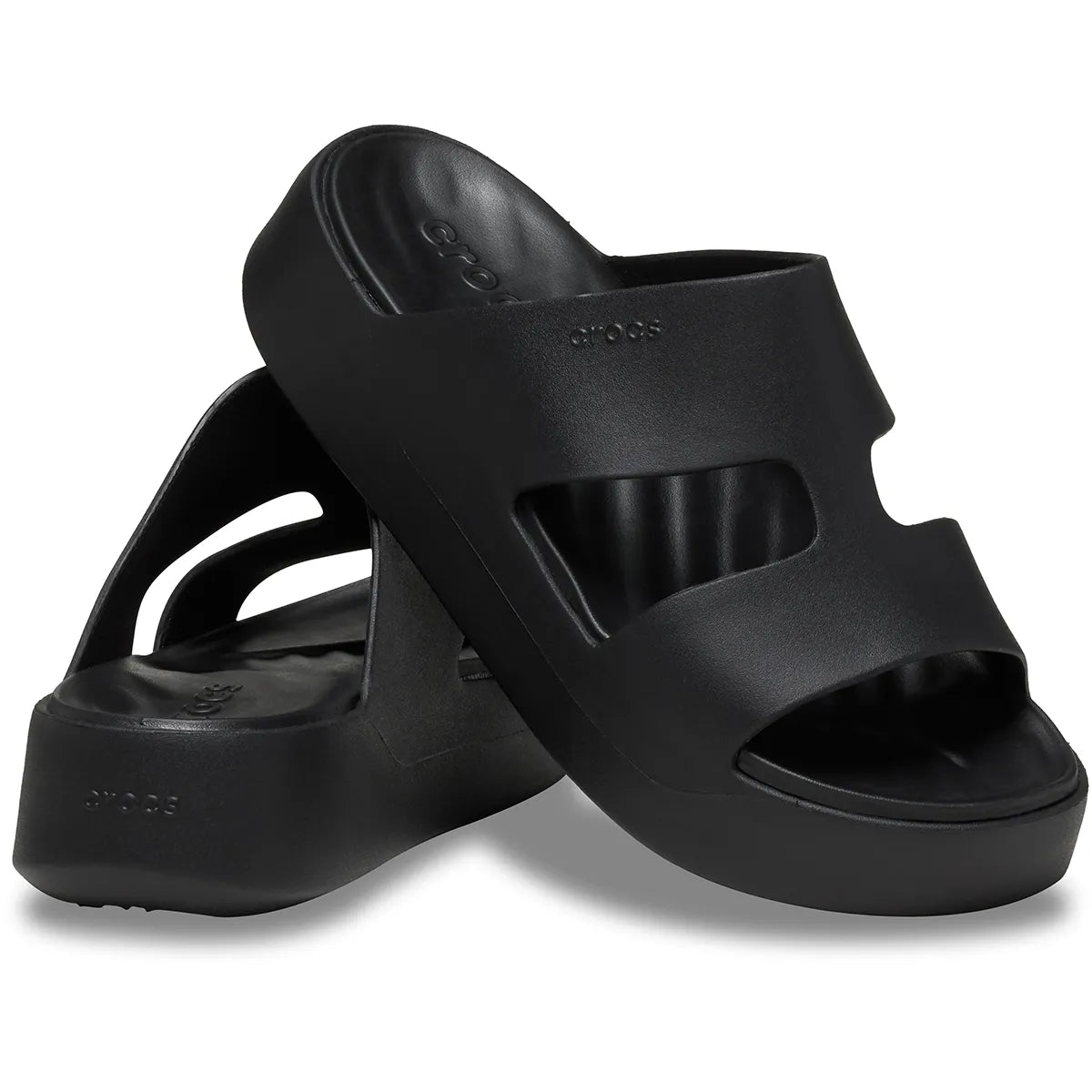 crocs getaway platform h strap όψη 3/4 εσωτερική πλευρά σε μαύρο χρώμα