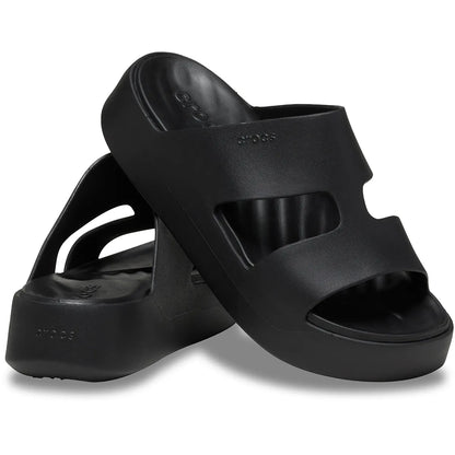 crocs getaway platform h strap όψη 3/4 εσωτερική πλευρά σε μαύρο χρώμα