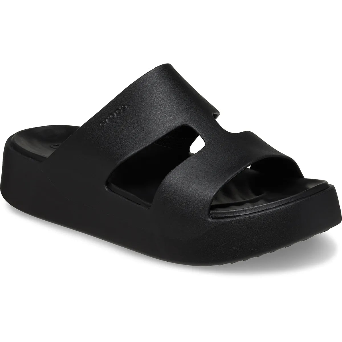 crocs getaway platform h strap όψη 3/4 εξωτερική πλευρά σε μαύρο χρώμα