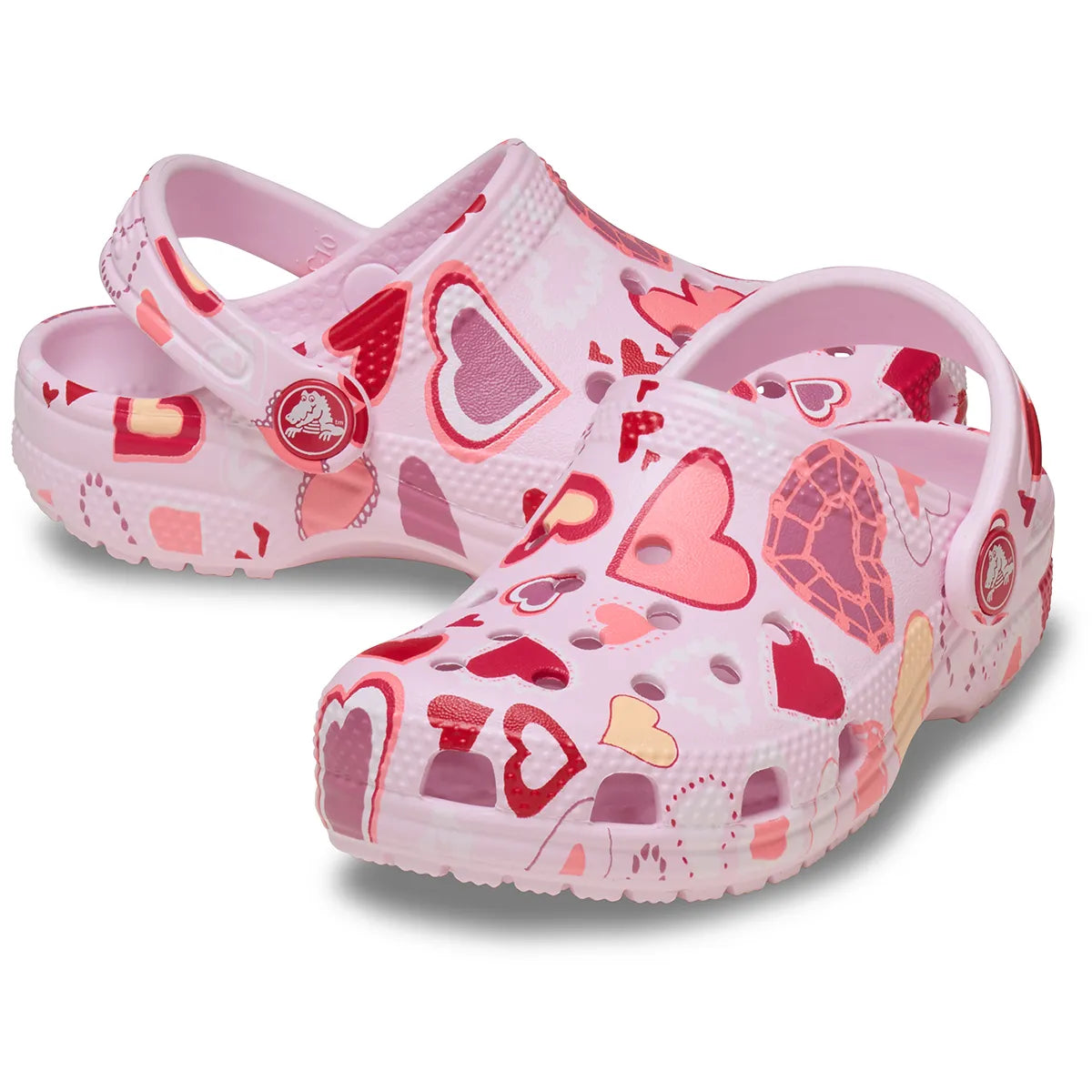 crocs classic graphic clog T όψη 3/4 εξωτερική πλευρά ζευγάρι, ροζ με καρδιές
