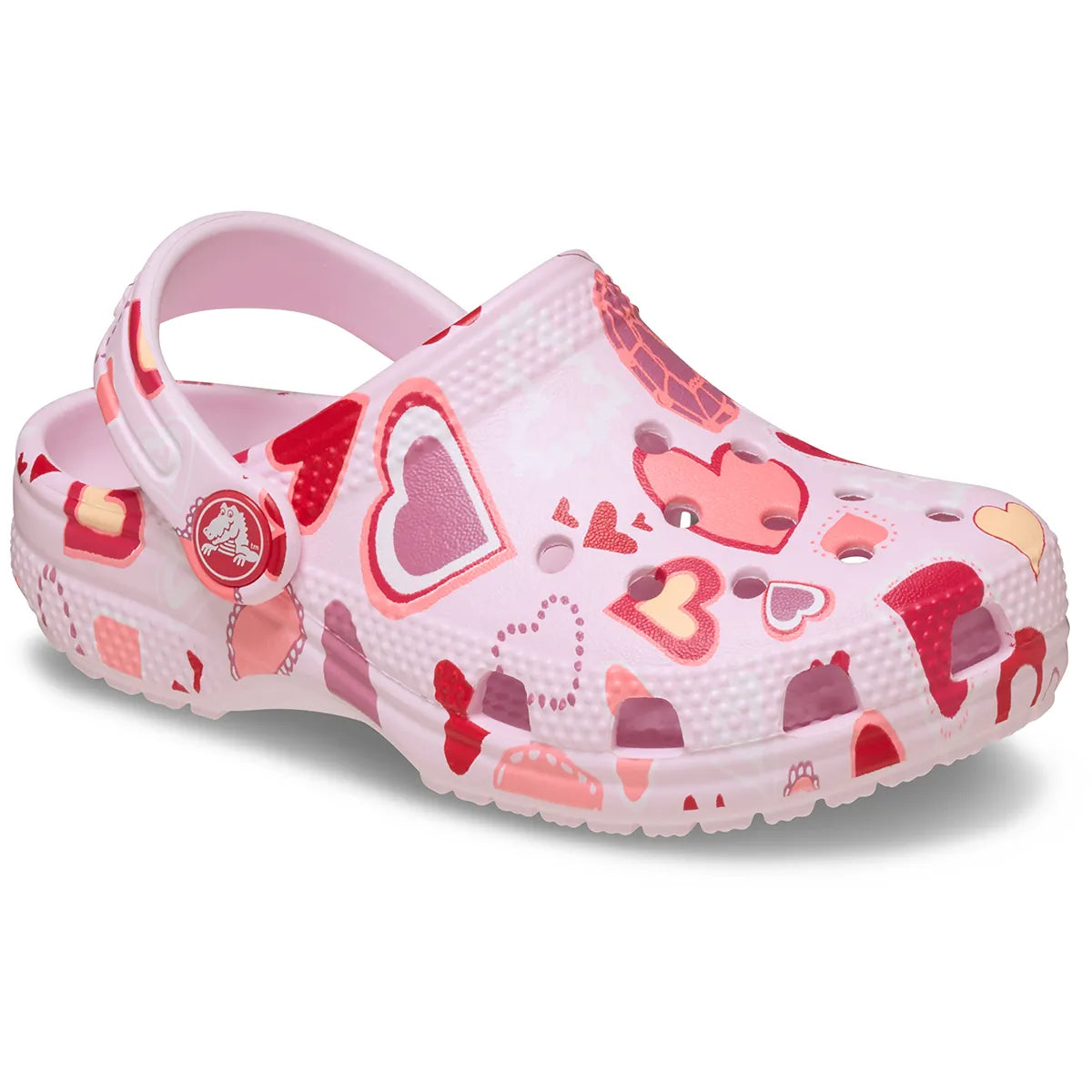 crocs classic graphic clog T όψη 3/4 εξωτερική πλευρά, ροζ με καρδιές