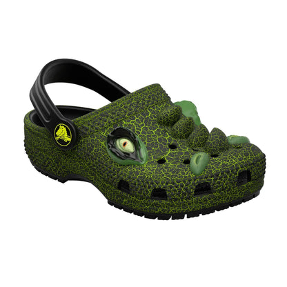 crocs classic i am clog t όψη 3/4 εξωτερική πλευρά, Μαύρο χρώμα με δεινόσαυρο