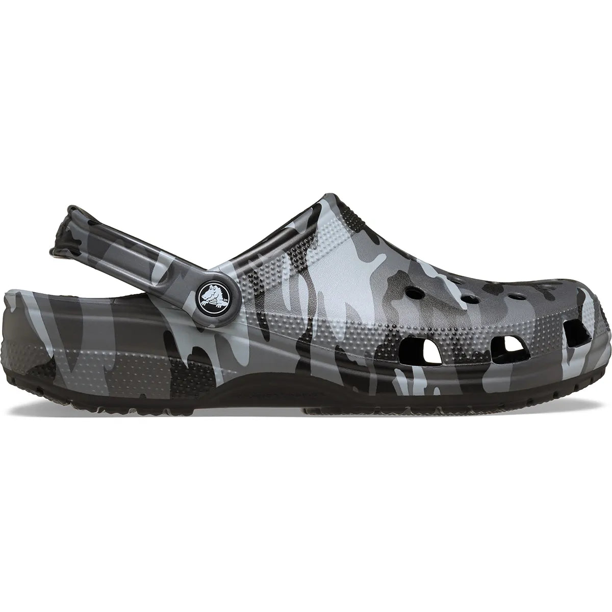 crocs classic graphic clog πλάγια όψη εξωτερική πλευρά, μαύρο/γκρι