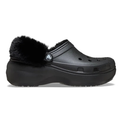rocs Classic Platform Fuzz Lined Clog σε πλάγια θέαση, υψωμένη σόλα και fleece επένδυση σε Μαύρο Χρώμα