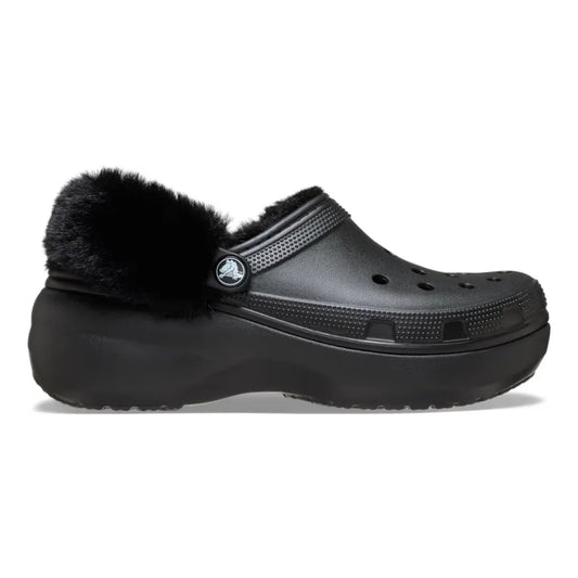 rocs Classic Platform Fuzz Lined Clog σε πλάγια θέαση, υψωμένη σόλα και fleece επένδυση σε Μαύρο Χρώμα