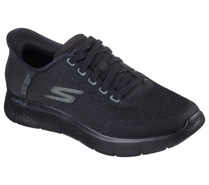 skechers go walk flex netro slip ins όψη 3/4 εξωτερική πλευρά, μαύρο χρώμα