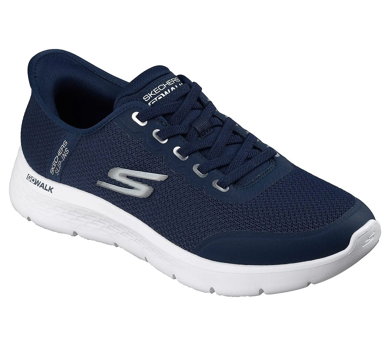 skechers go walk flex netro slip ins όψη 3/4 εξωτερική πλευρά, μπλέ χρώμα