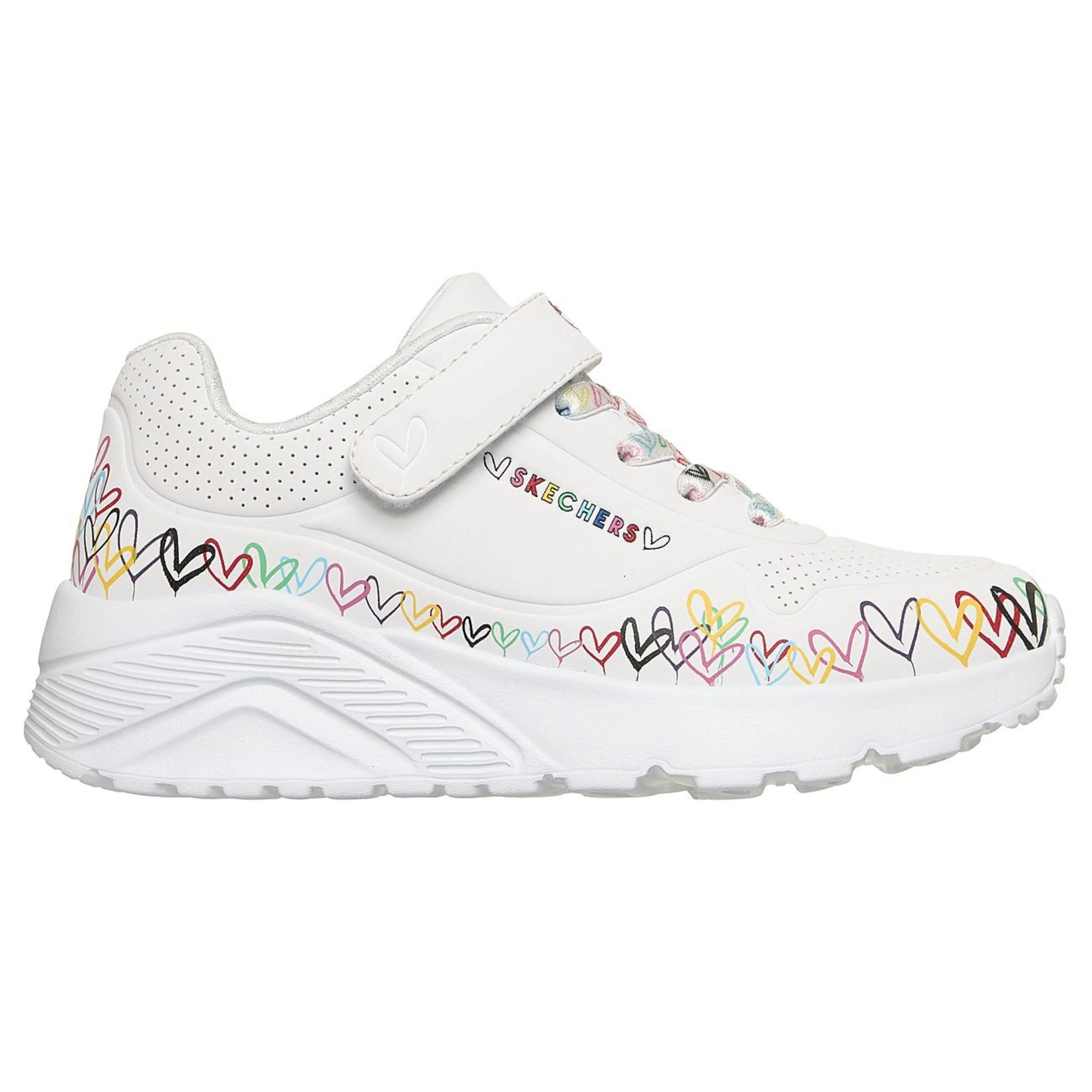 skechers jgoldcrown uno lite heart craze πλάγια όψη εξωτερική πλευρά, λευκό χρώμα