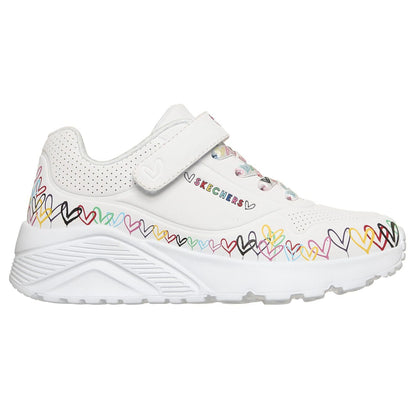 skechers jgoldcrown uno lite heart craze πλάγια όψη εξωτερική πλευρά, λευκό χρώμα