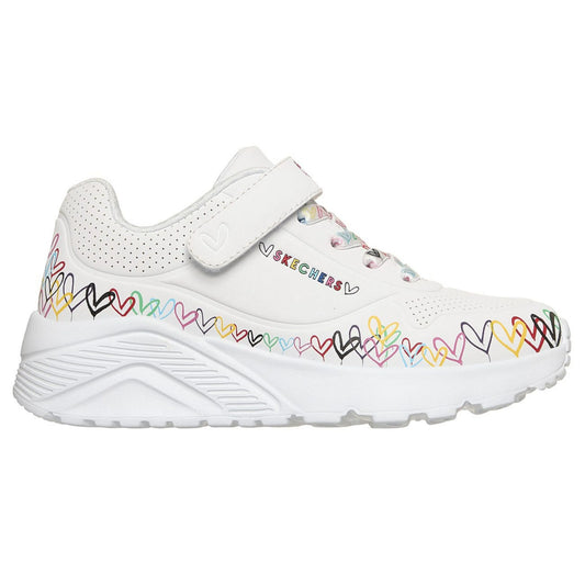 skechers jgoldcrown uno lite heart craze πλάγια όψη εξωτερική πλευρά, λευκό χρώμα