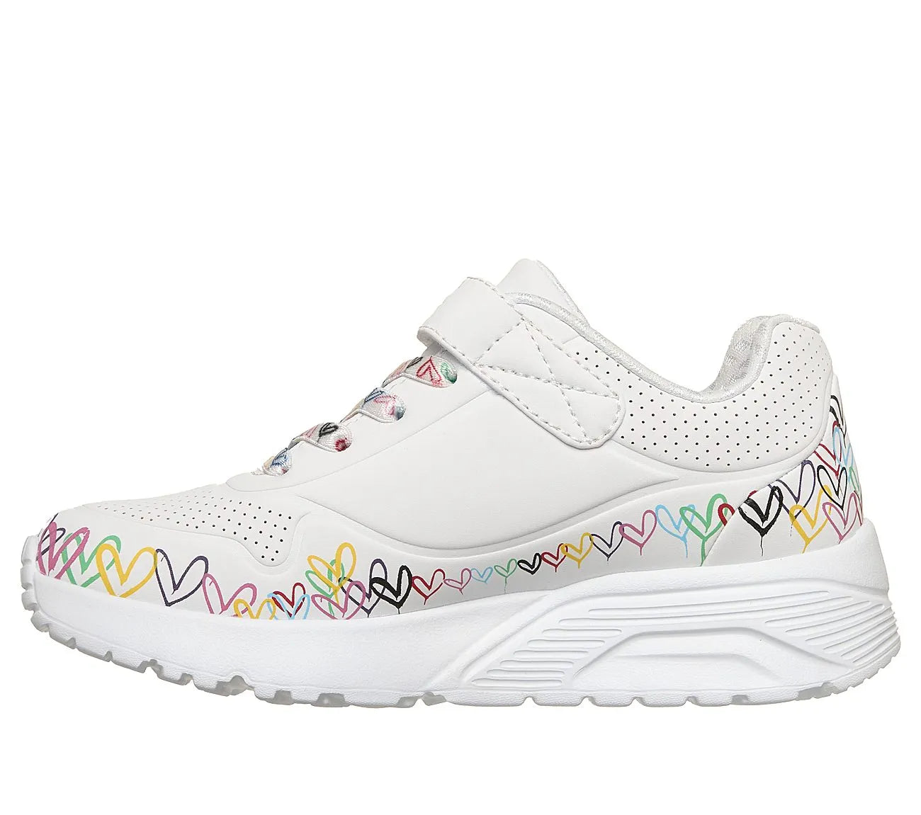 skechers jgoldcrown uno lite heart craze πλάγια όψη εσωτερική πλευρά, λευκό χρώμα