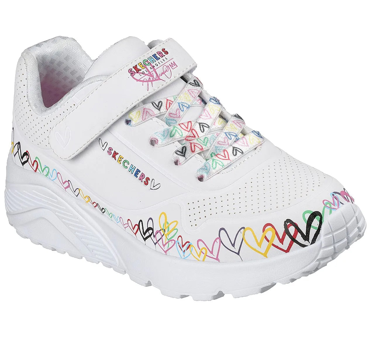 skechers jgoldcrown uno lite heart craze όψη 3/4 εξωτερική πλευρά, λευκό χρώμα