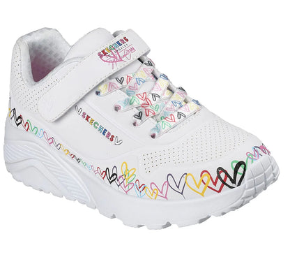 skechers jgoldcrown uno lite heart craze όψη 3/4 εξωτερική πλευρά, λευκό χρώμα