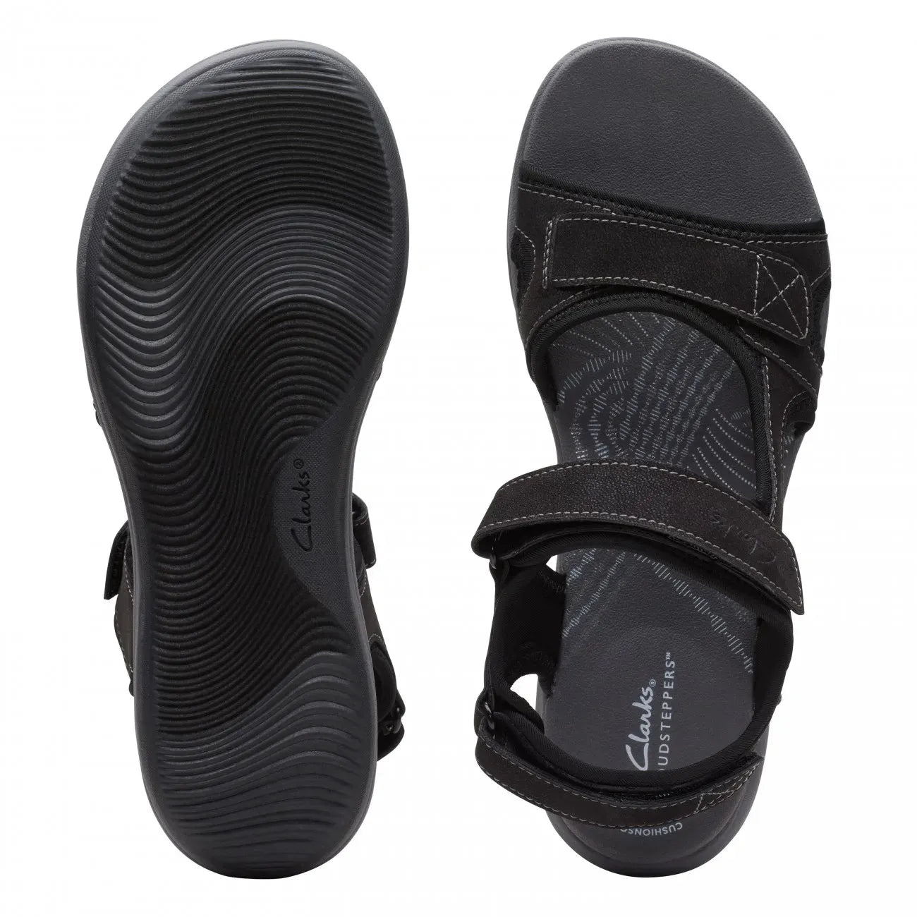 Clarks Mira Bay γυναικείο ανατομικό σανδάλι σε μαύρο χρώμα – Πάνω και Κάτω όψη