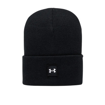 Under Armour Halftime Cuff Beanie μαύρο, μπροστινή προβολή με λογότυπο UA.