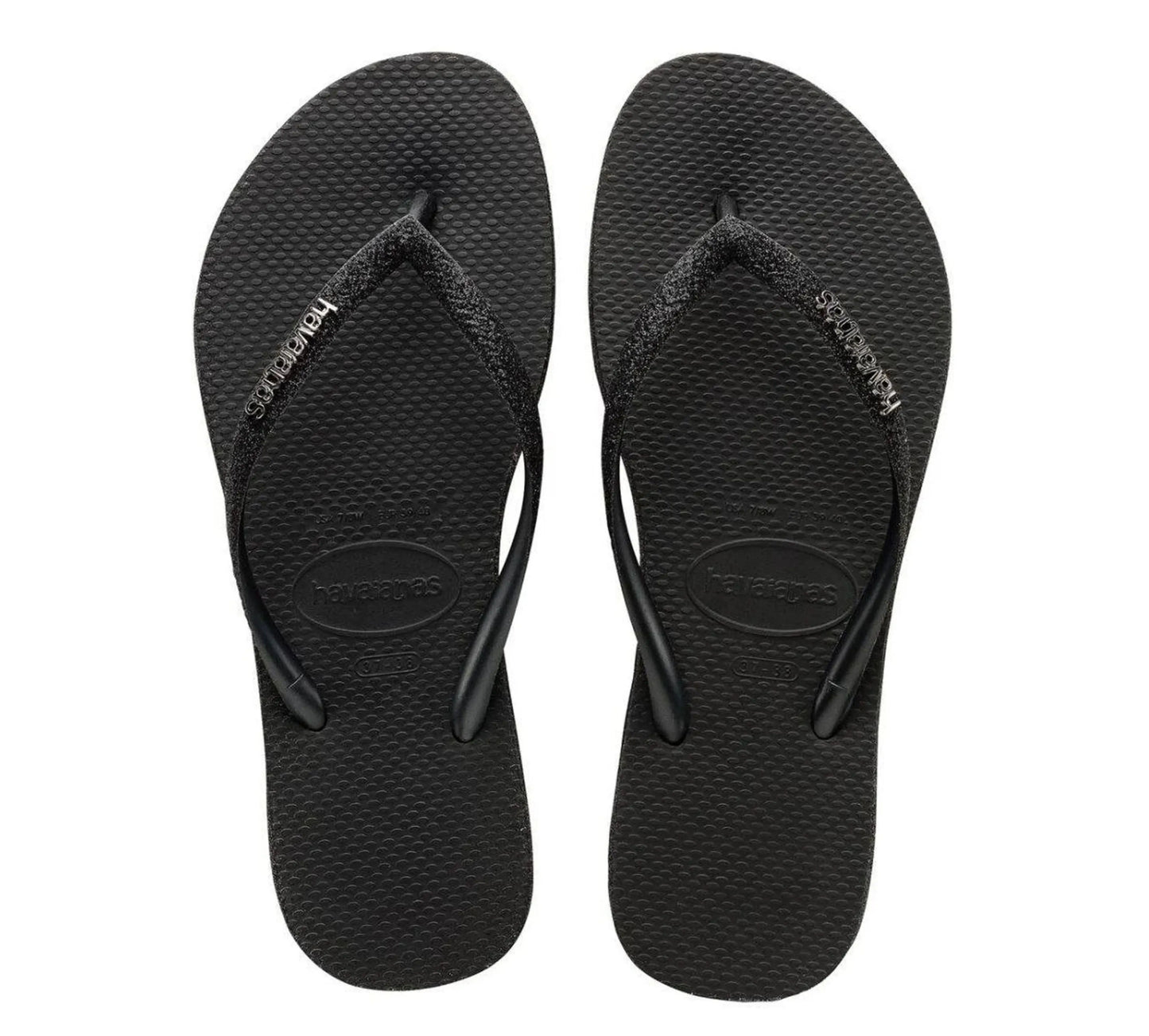 Γυναικείες σαγιονάρες Havaianas Slim Sparkle Me FC με λάμψη και λεπτό λουράκι σε μεταλλική υφή Σε λήψη από πάνω