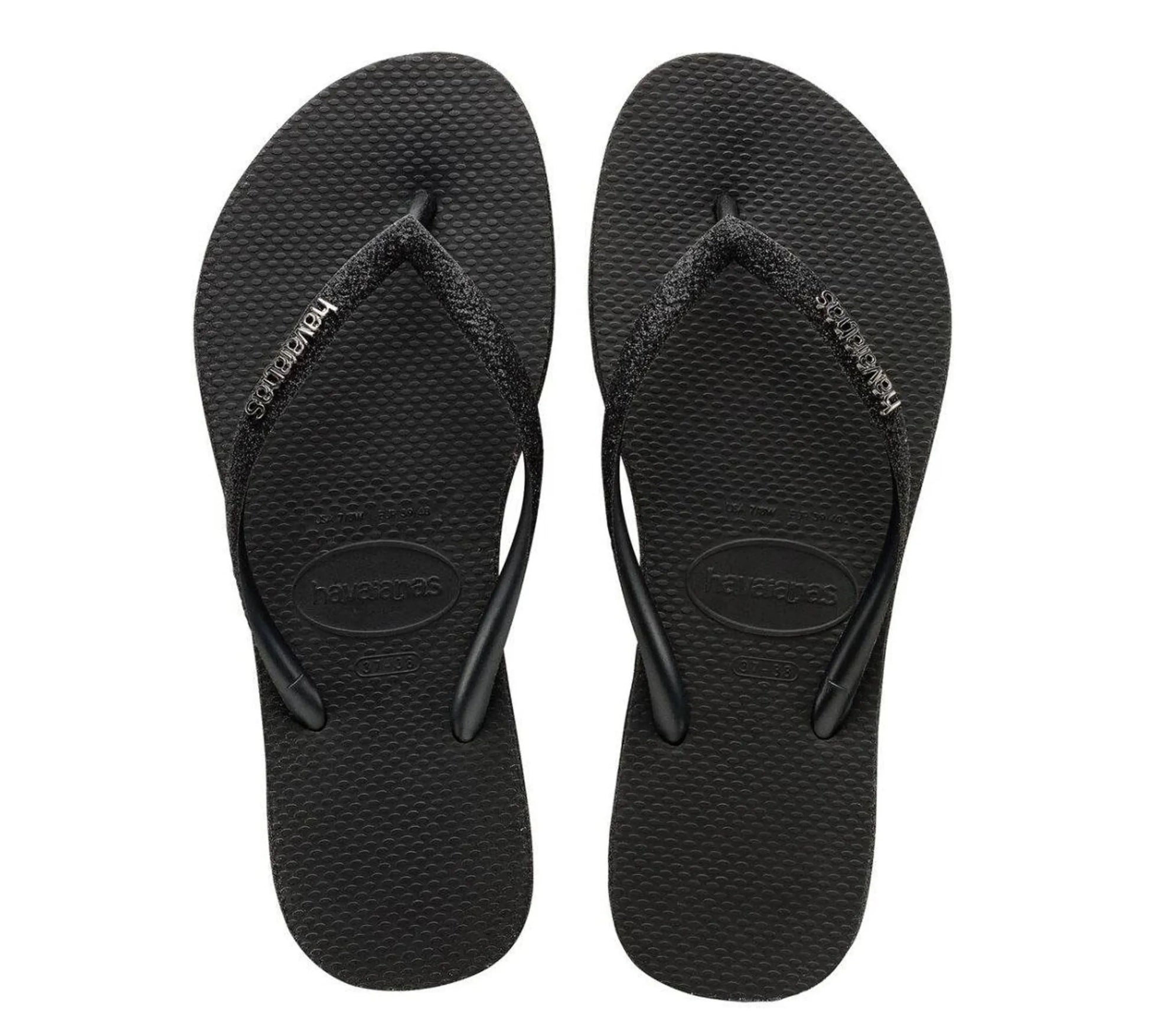 Γυναικείες σαγιονάρες Havaianas Slim Sparkle Me FC με λάμψη και λεπτό λουράκι σε μεταλλική υφή Σε λήψη από πάνω